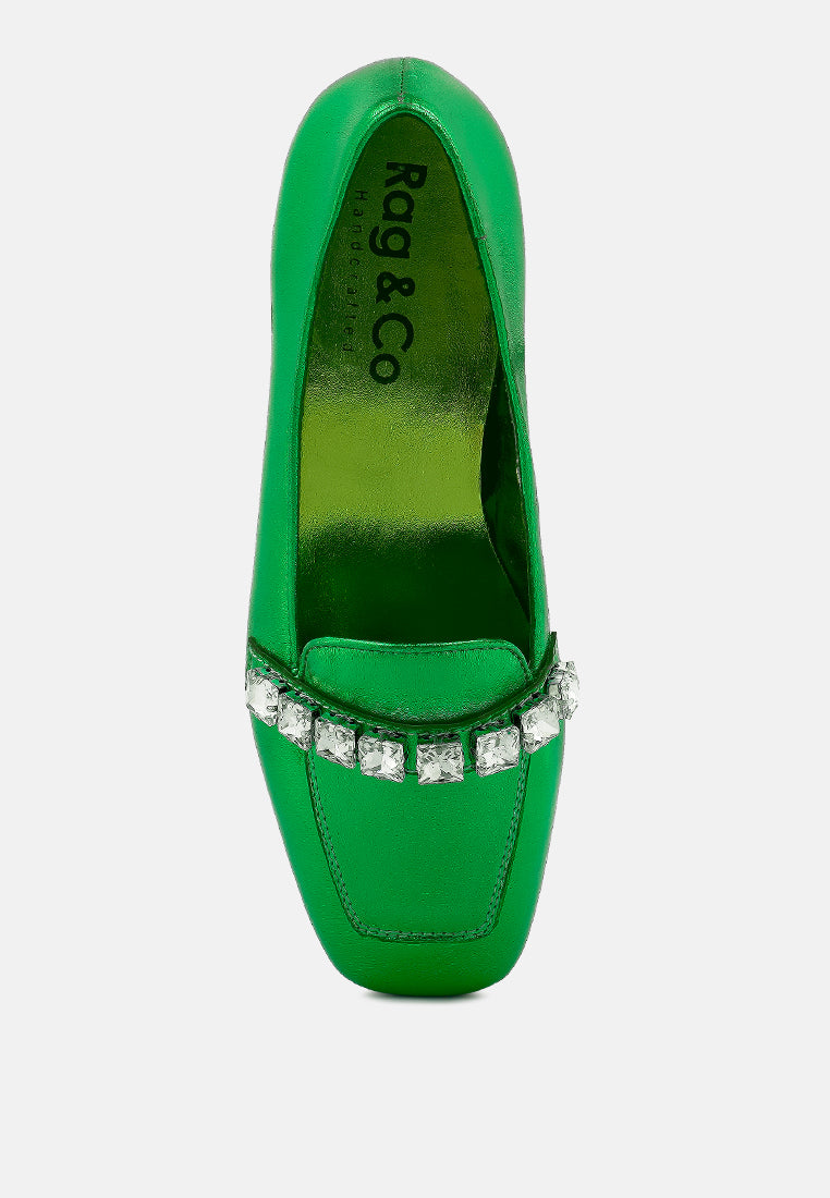 churros green metallic diamante leather loafers_green