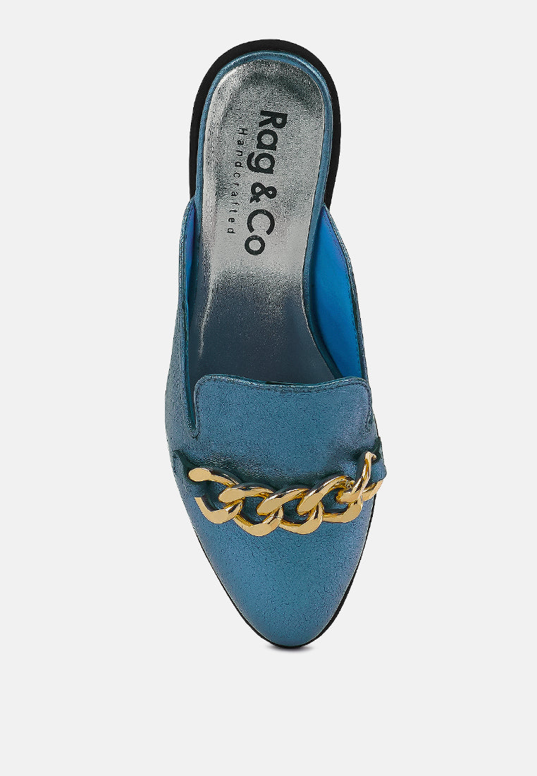 AKSA Chain Embellished Metallic Blue Leather Mules#color_blue