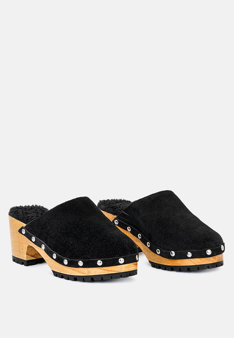 TULLEY Suede Clog Mules in Black-Black
