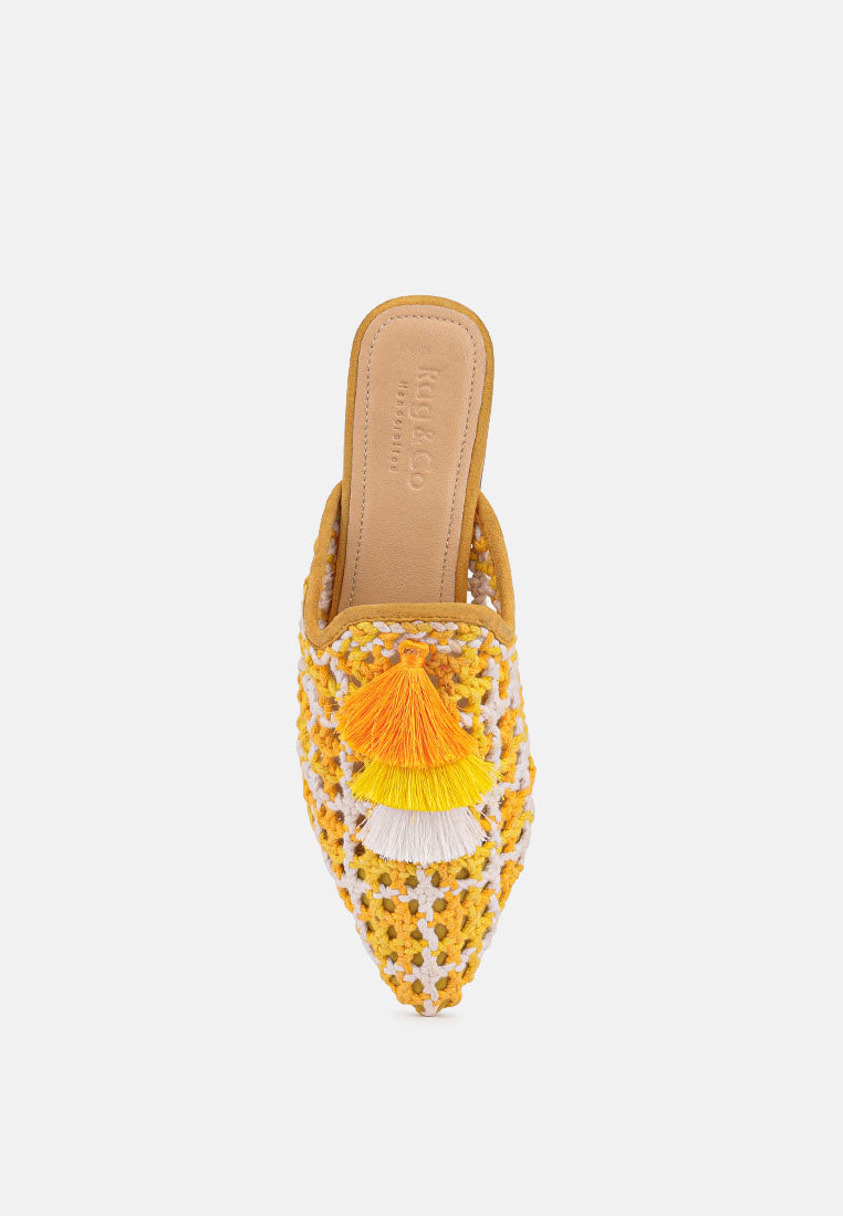 MARIANA Yellow Woven Flat Mules With Tassels-Yellow
