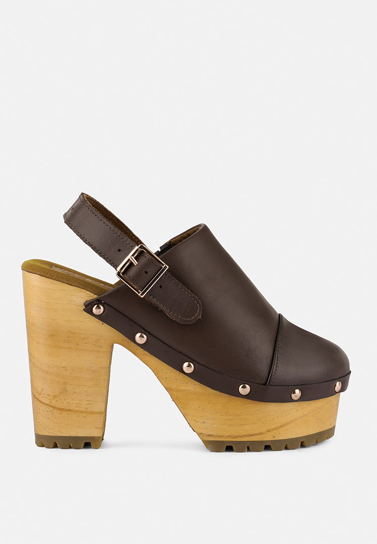 ALONA Brown Slingback High Block Heeled Clogs_Brown