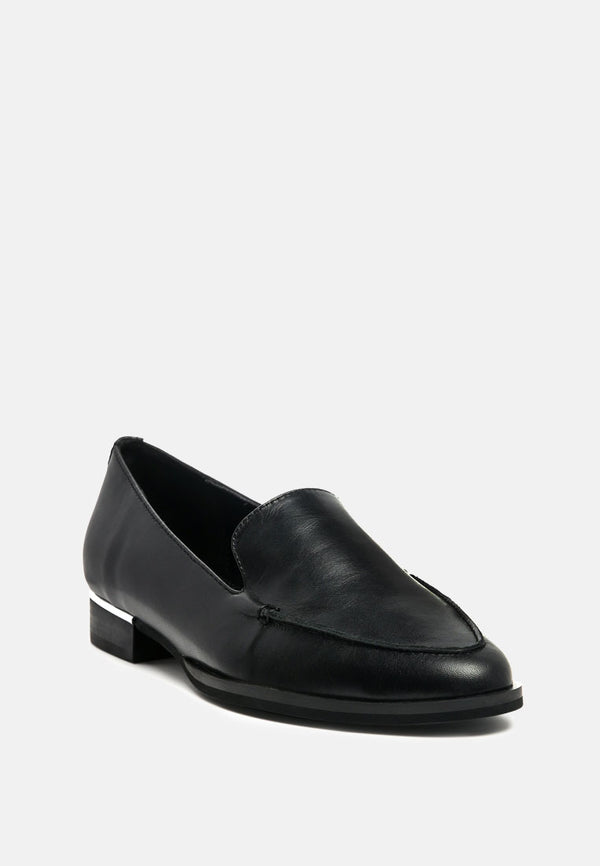 ANNA Black Leather Slip-on Loafers-Black