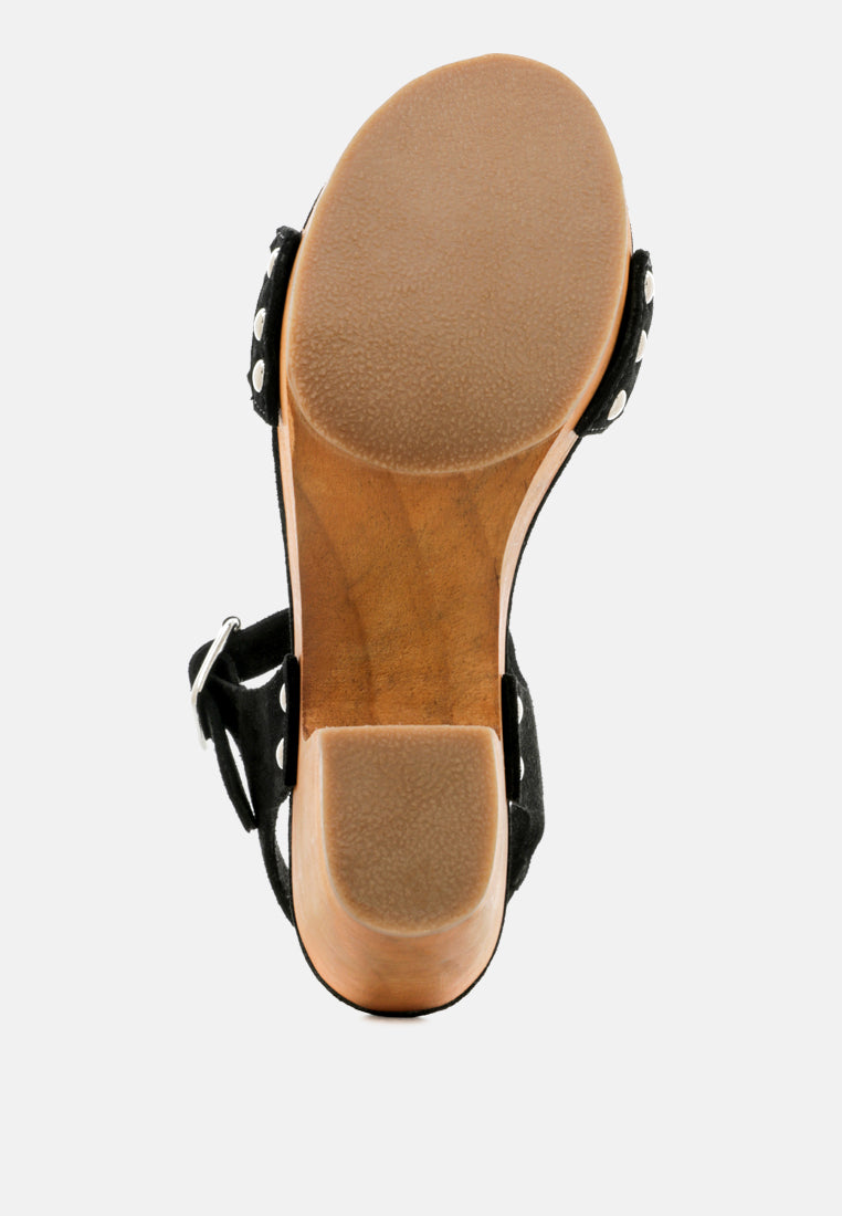 APRIL Black Wooden Clogs in Suede Weave-Black