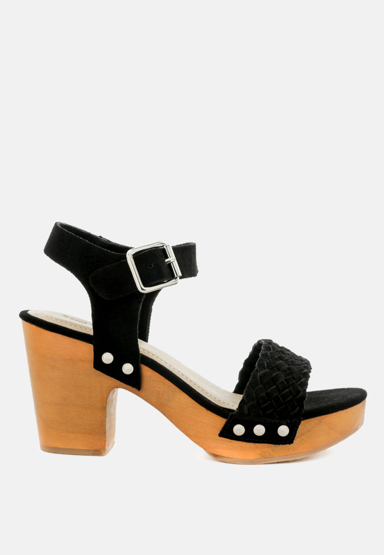 APRIL Black Wooden Clogs in Suede Weave-Black