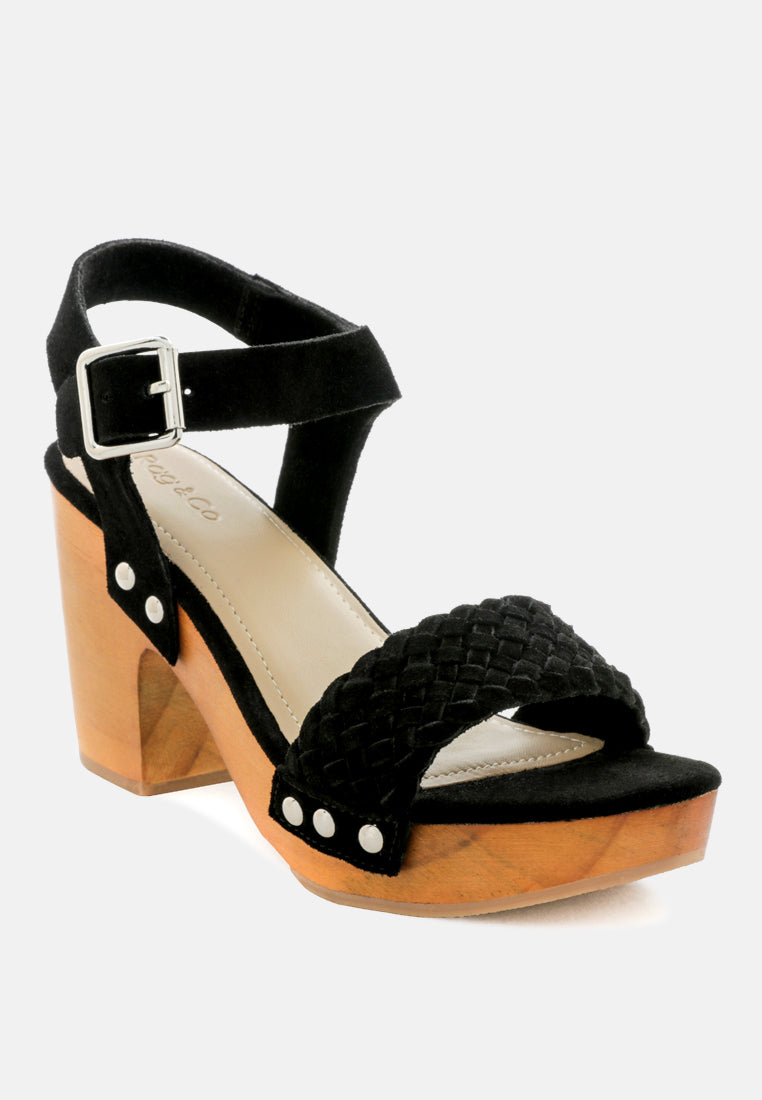 APRIL Black Wooden Clogs in Suede Weave-Black