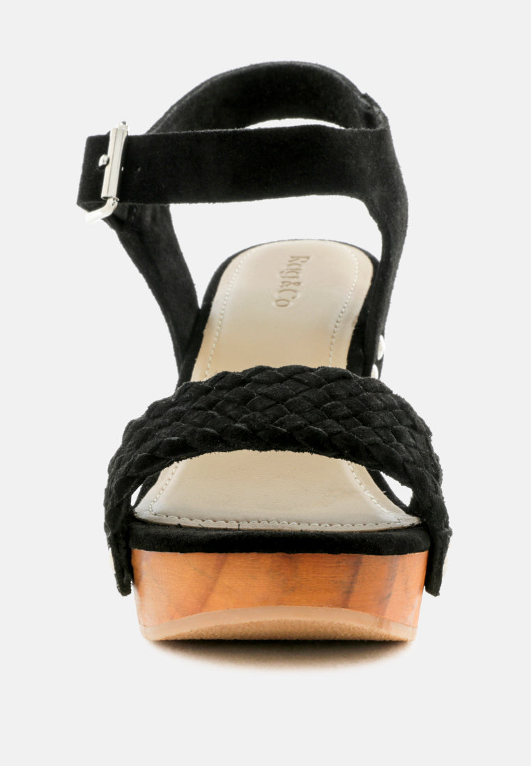 APRIL Black Wooden Clogs in Suede Weave-Black
