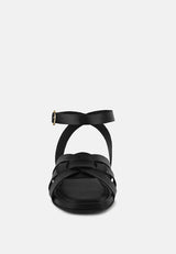 ASHTON Black Flat Ankle Strap Sandals#color_black
