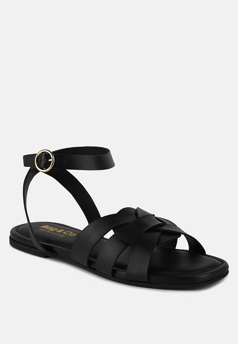 ASHTON Black Flat Ankle Strap Sandals#color_black