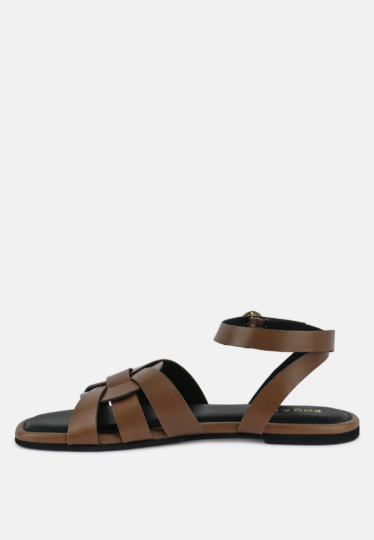 ASHTON Tan Flat Ankle Strap Sandals#color_tan