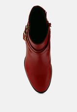 cat-track red leather heeled ankle boots_red