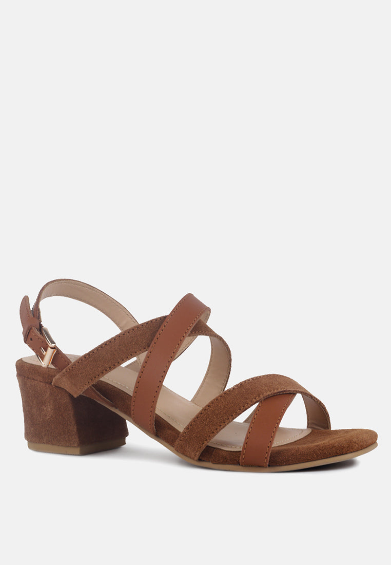 ASTRID Tan Mid Heeled Block Leather Sandal-Tan