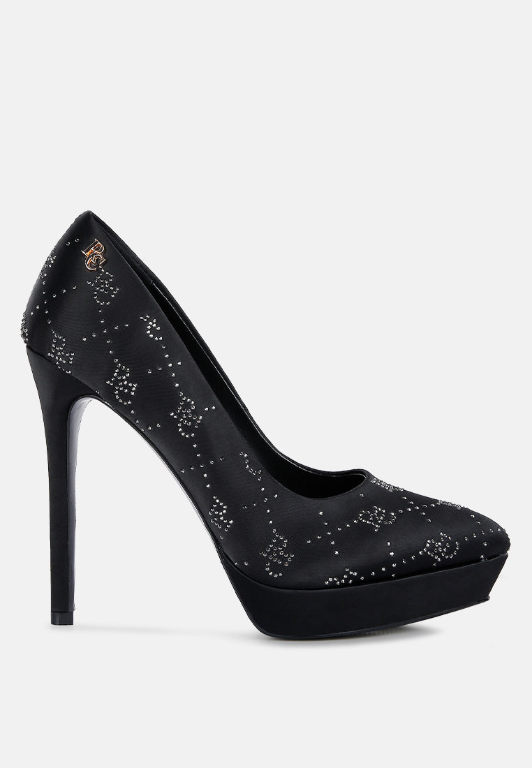 ballard black monogram satin stiletto pumps#color_black