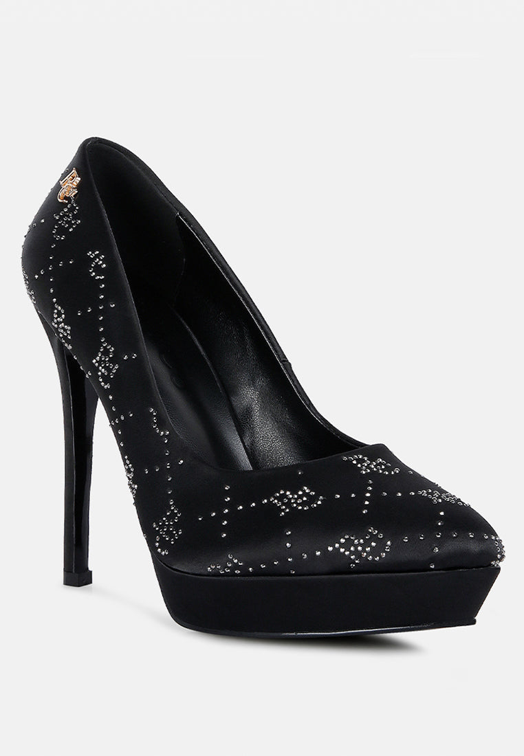 ballard black monogram satin stiletto pumps#color_black