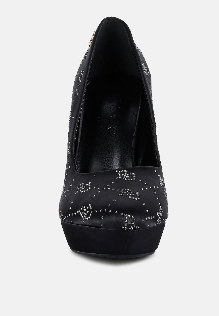 ballard black monogram satin stiletto pumps#color_black