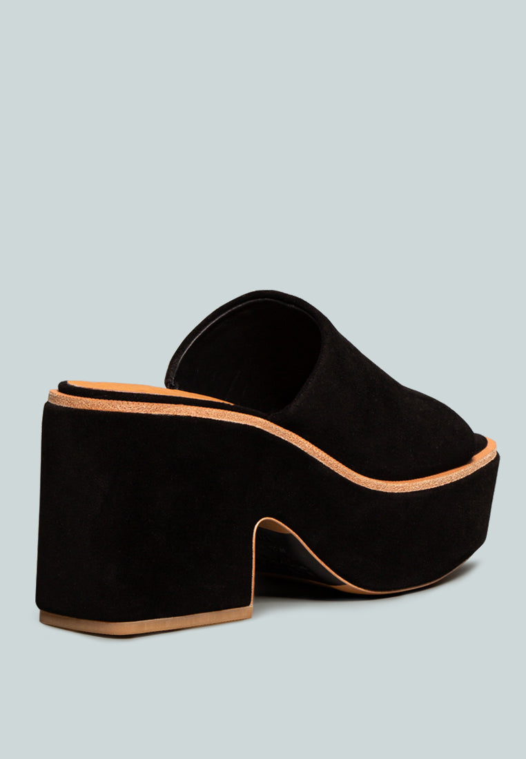 BARDOT Black Fine Suede Handcrafted Platform Slides_Black
