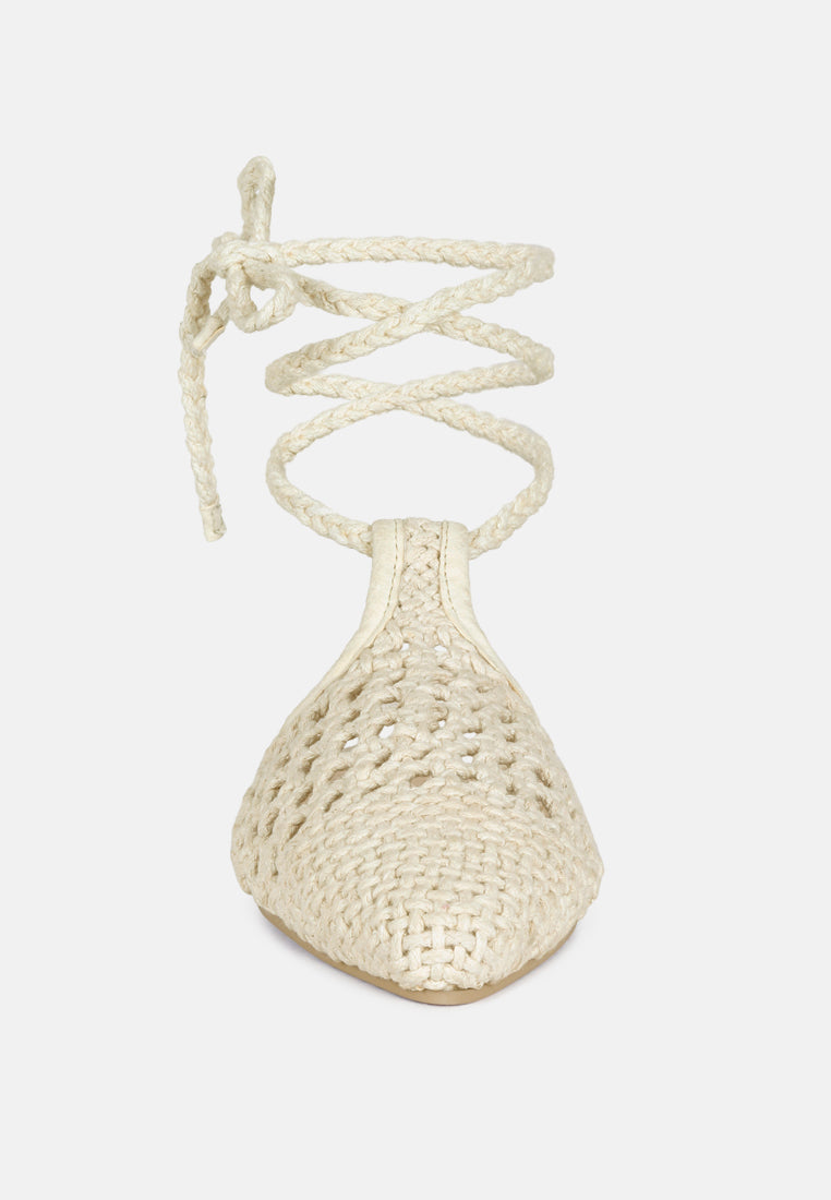 BARTSI Off White Handwoven Cotton Tie Up Mule Flats_Off White