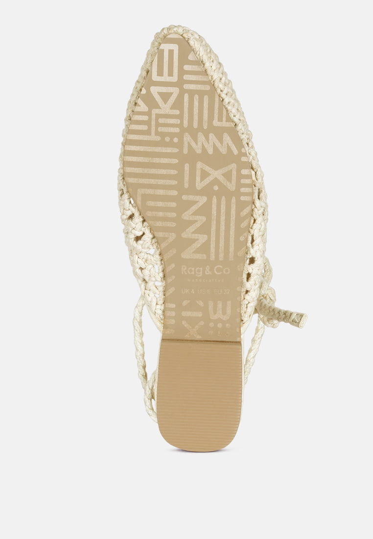 BARTSI Off White Handwoven Cotton Tie Up Mule Flats_Off White