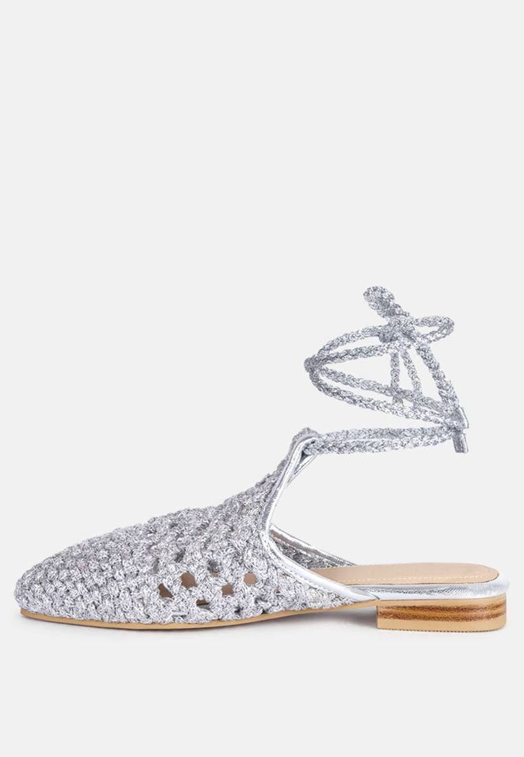 BARTSI Silver Handwoven Cotton Tie Up Mule Flats_Silver