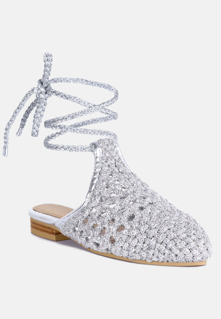 BARTSI Silver Handwoven Cotton Tie Up Mule Flats_Silver