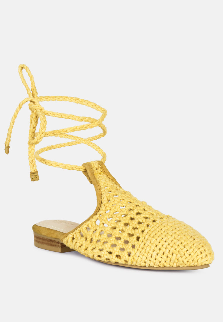 BARTSI Yellow Handwoven Cotton Tie Up Mule Flats_Yellow