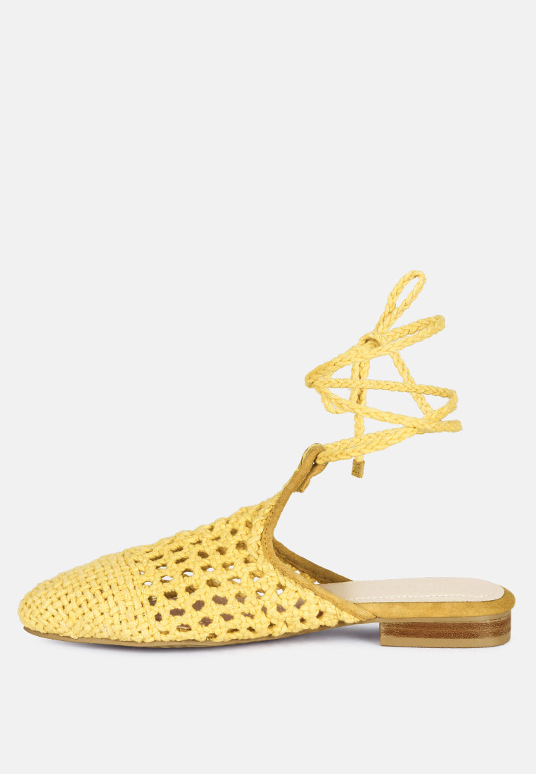 BARTSI Yellow Handwoven Cotton Tie Up Mule Flats_Yellow
