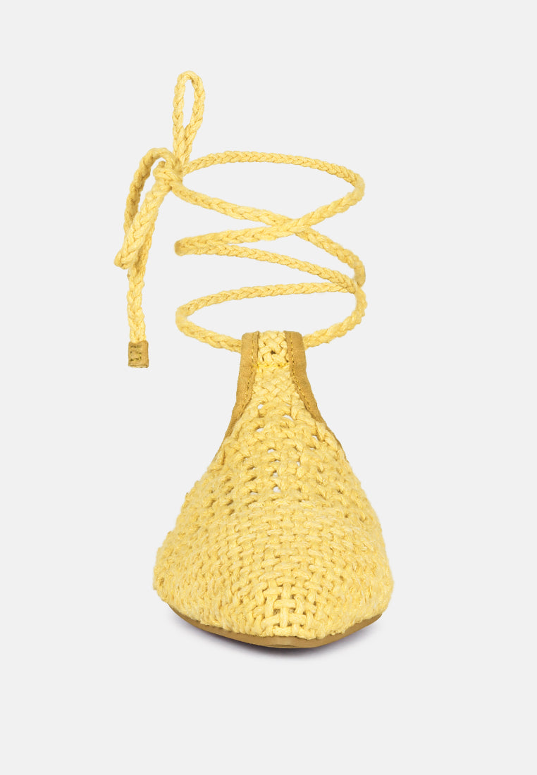 BARTSI Yellow Handwoven Cotton Tie Up Mule Flats_Yellow