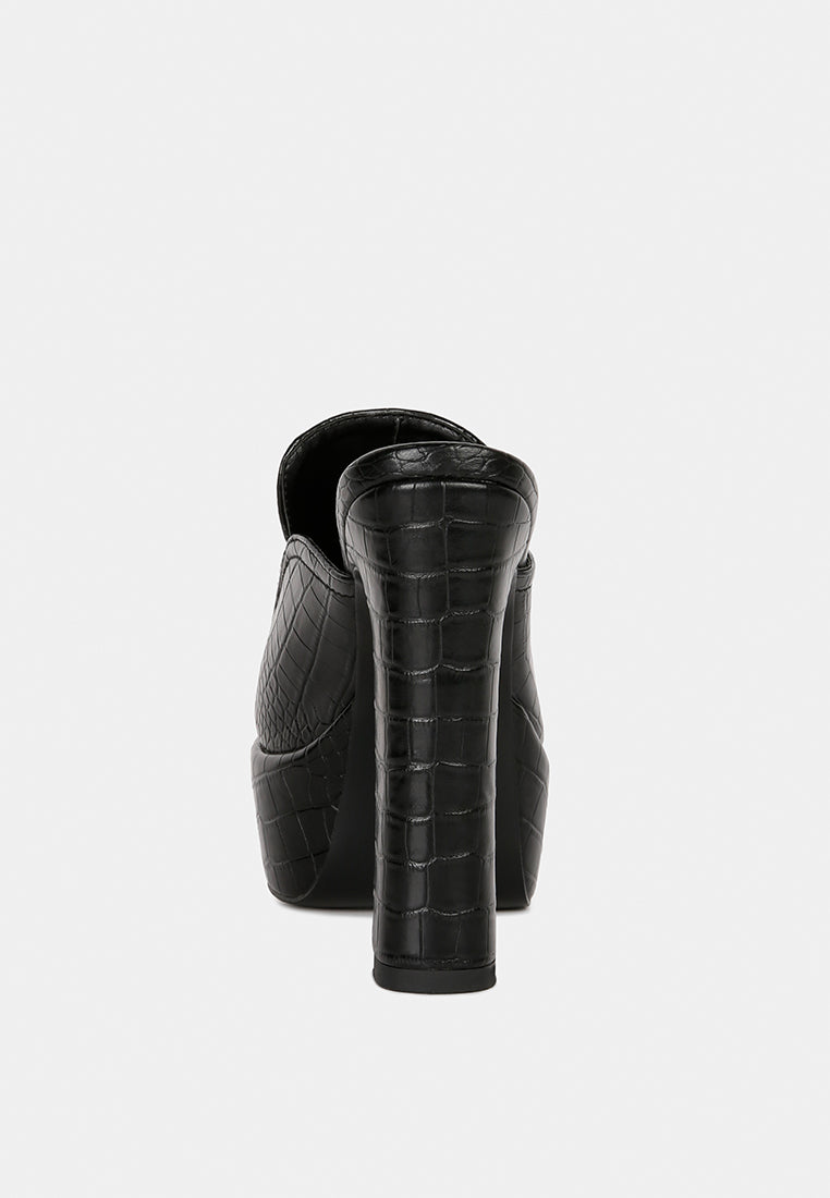 bauhaus black croc pattern heeled platform mules#color_black