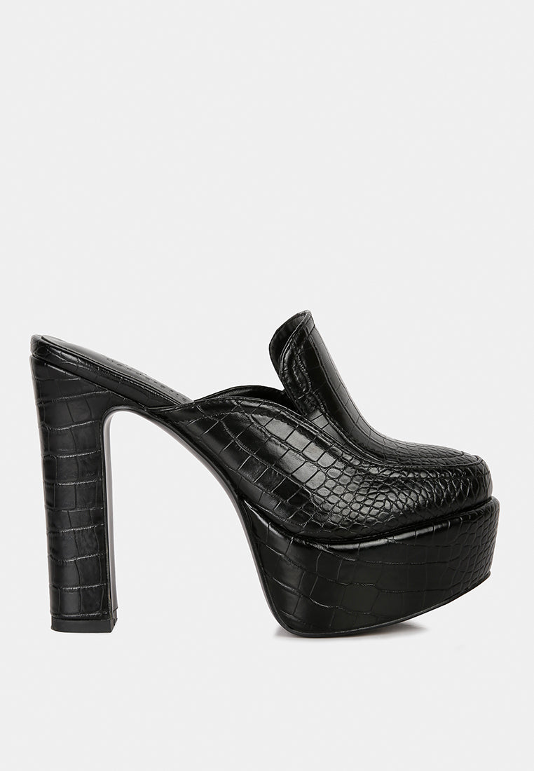 bauhaus black croc pattern heeled platform mules#color_black