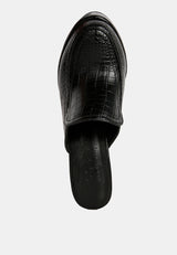 bauhaus black croc pattern heeled platform mules#color_black