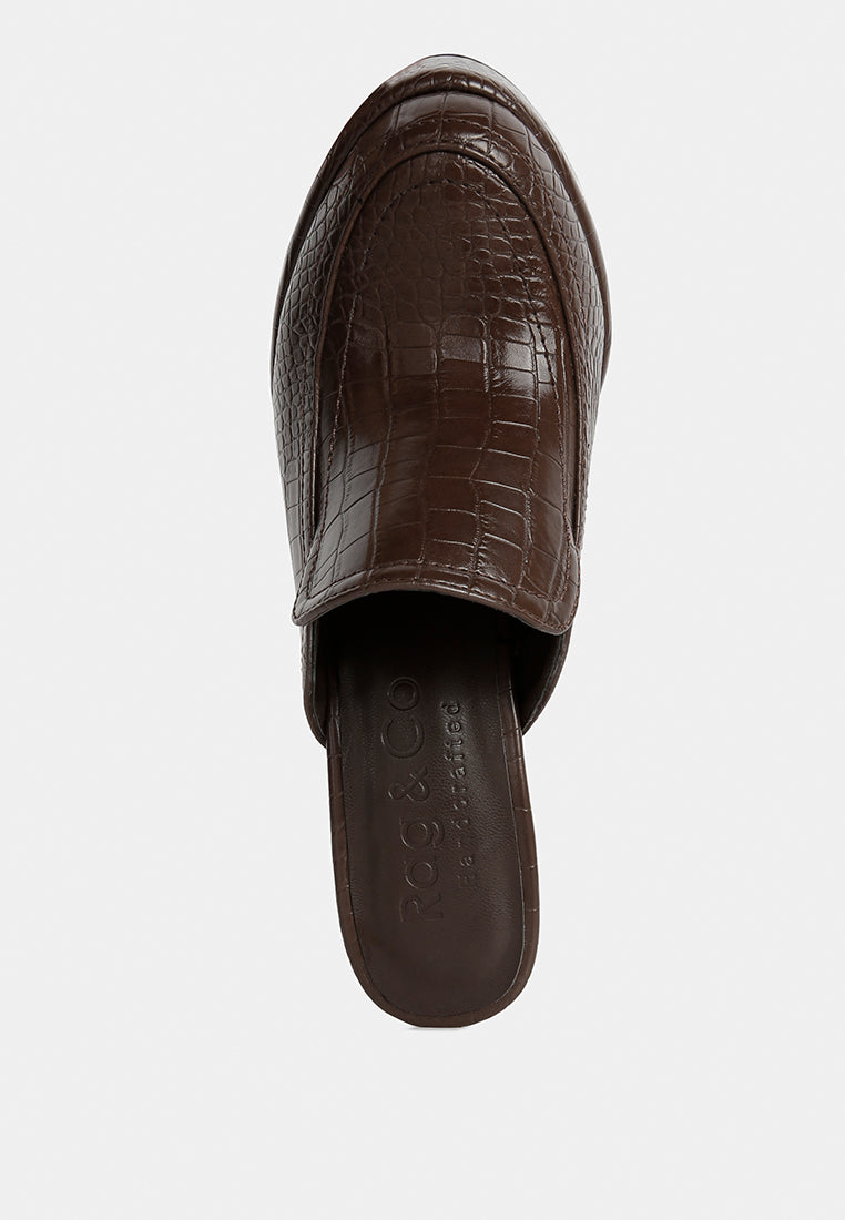 bauhaus brown croc pattern heeled platform mules#color_brown