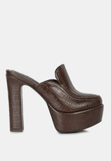 bauhaus brown croc pattern heeled platform mules#color_brown
