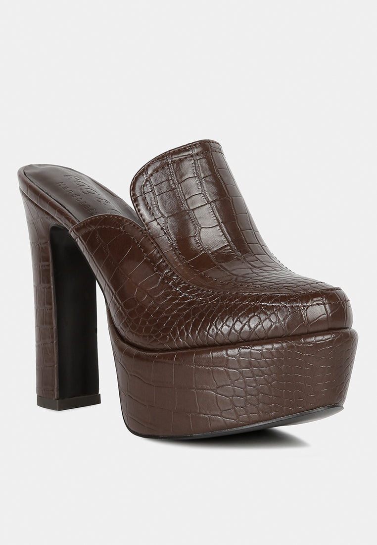 bauhaus brown croc pattern heeled platform mules#color_brown
