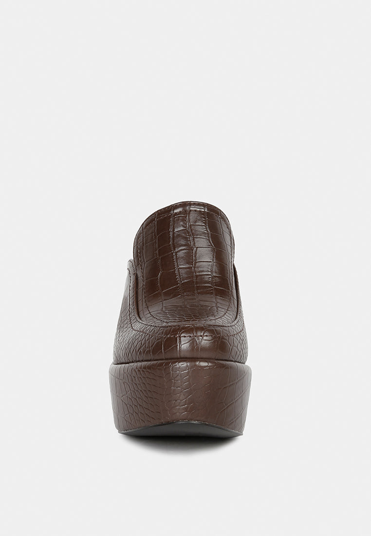 bauhaus brown croc pattern heeled platform mules#color_brown