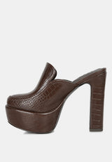 bauhaus brown croc pattern heeled platform mules#color_brown