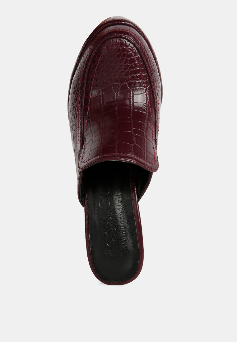 bauhaus burgundy croc pattern heeled platform mules#color_burgundy
