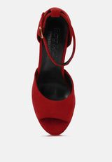 BEATY Red Studded Suede High Block Heeled Sandals_Red