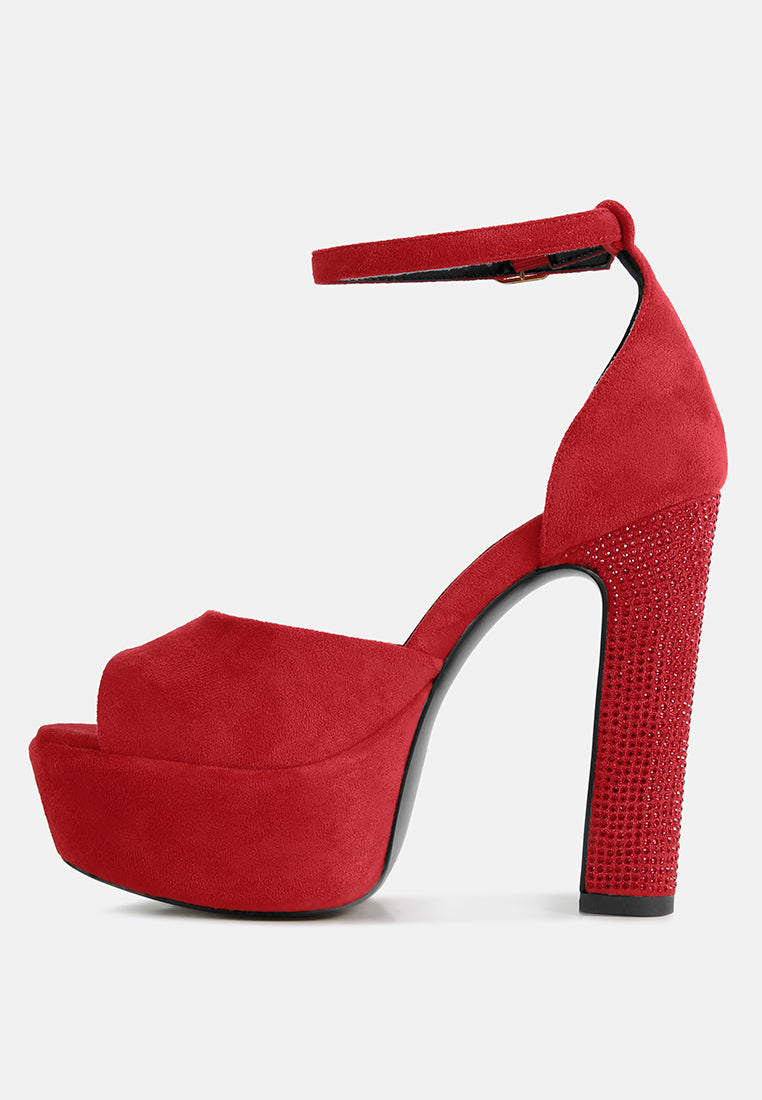 BEATY Red Studded Suede High Block Heeled Sandals_Red