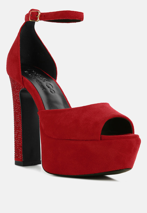 BEATY Red Studded Suede High Block Heeled Sandals_Red