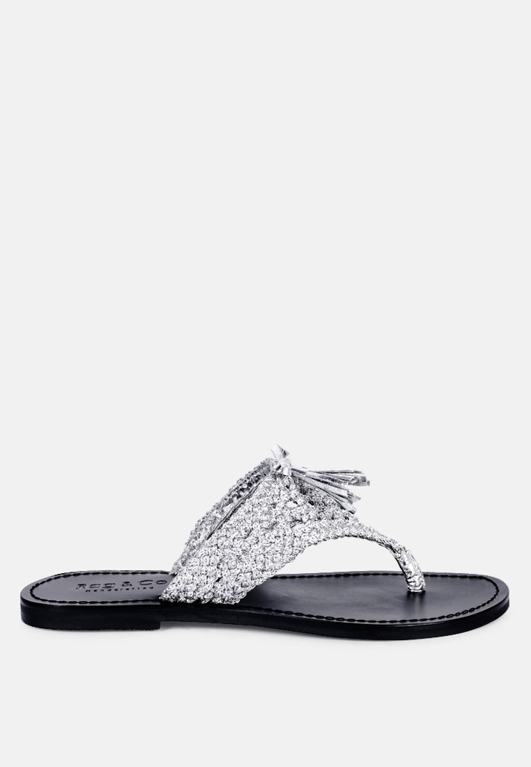 BEECH Handwoven Natural Silver Suede Tassel Thong Flats_Silver