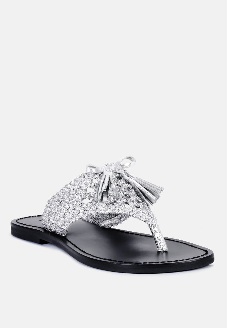 BEECH Handwoven Natural Silver Suede Tassel Thong Flats_Silver