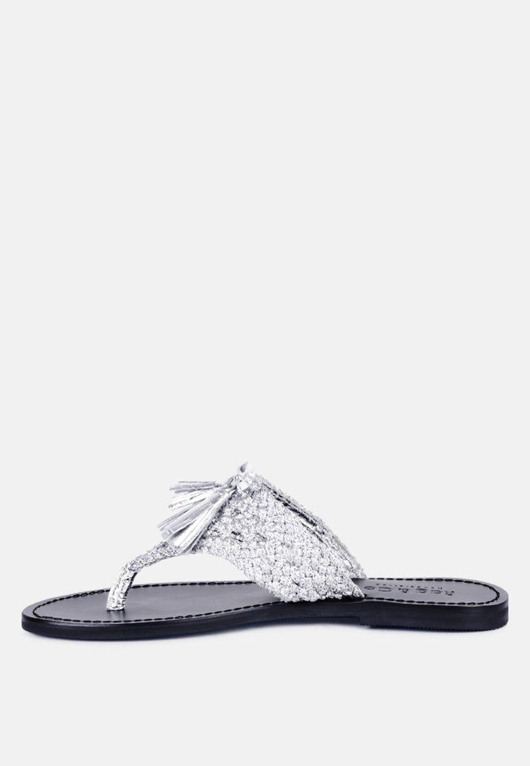 BEECH Handwoven Natural Silver Suede Tassel Thong Flats_Silver