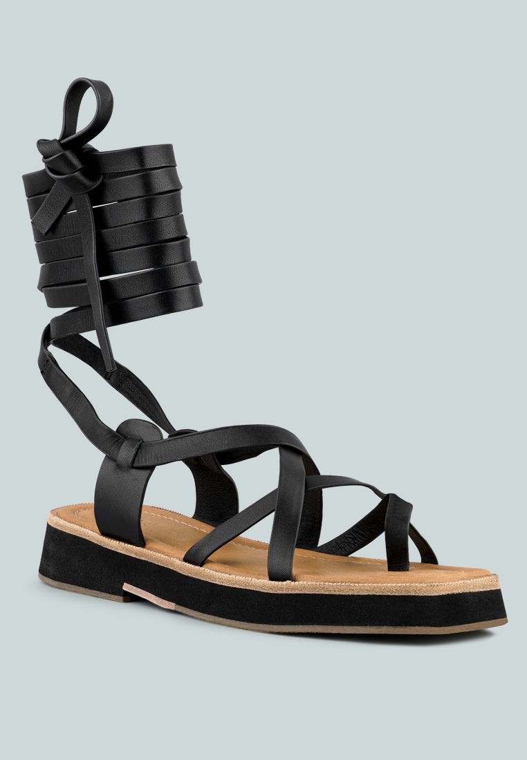 BLEDEL Black Lace Up Square Toe Gladiator Sandals_Black