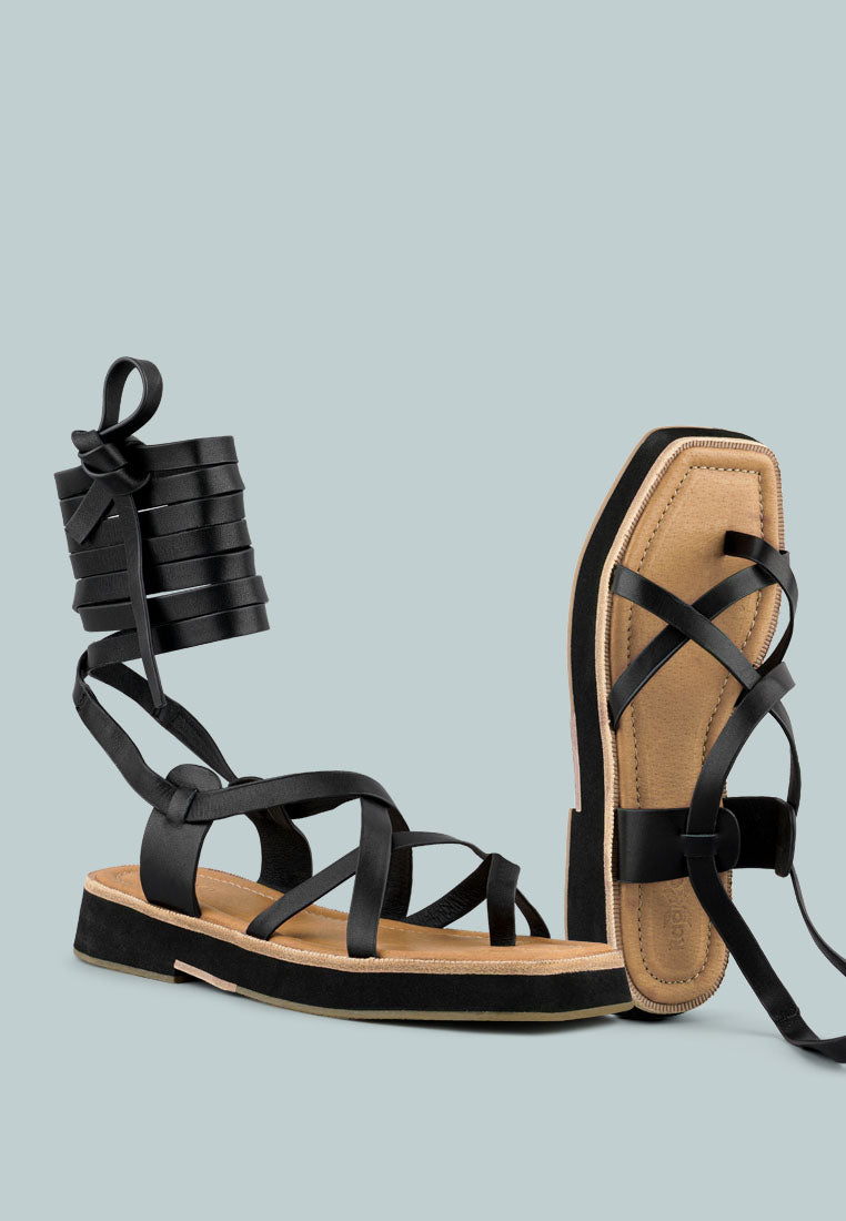 BLEDEL Black Lace Up Square Toe Gladiator Sandals_Black