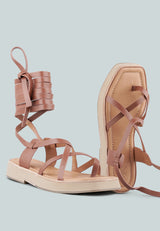 BLEDEL Tan Lace Up Square Toe Gladiator Sandals_Tan
