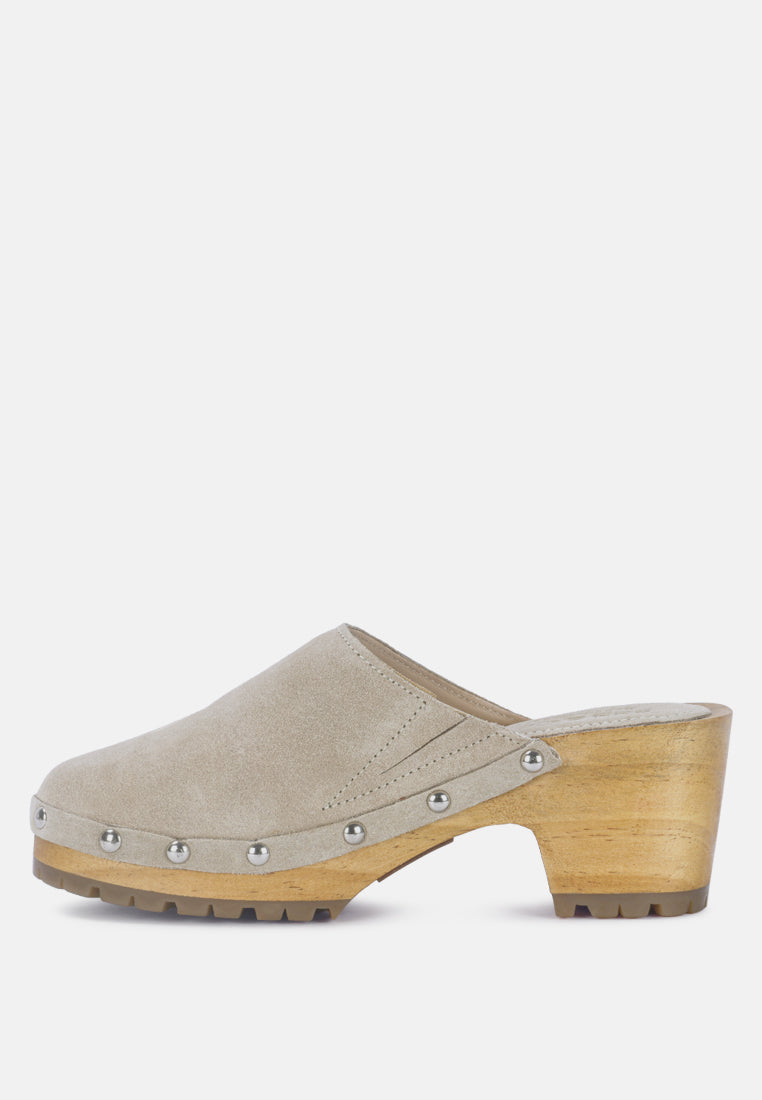 CEDRUS Fine Suede Studded Clog Mules in Beige-Beige