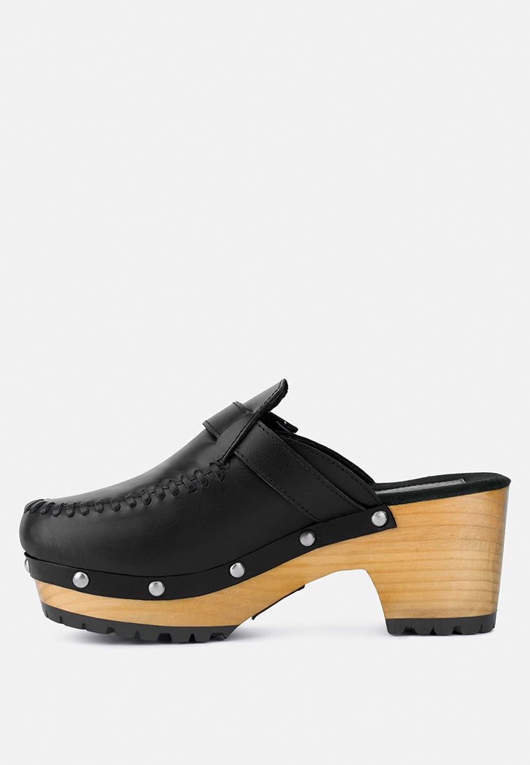 CHOCTAV Black Handcrafted Leather Clogs_black