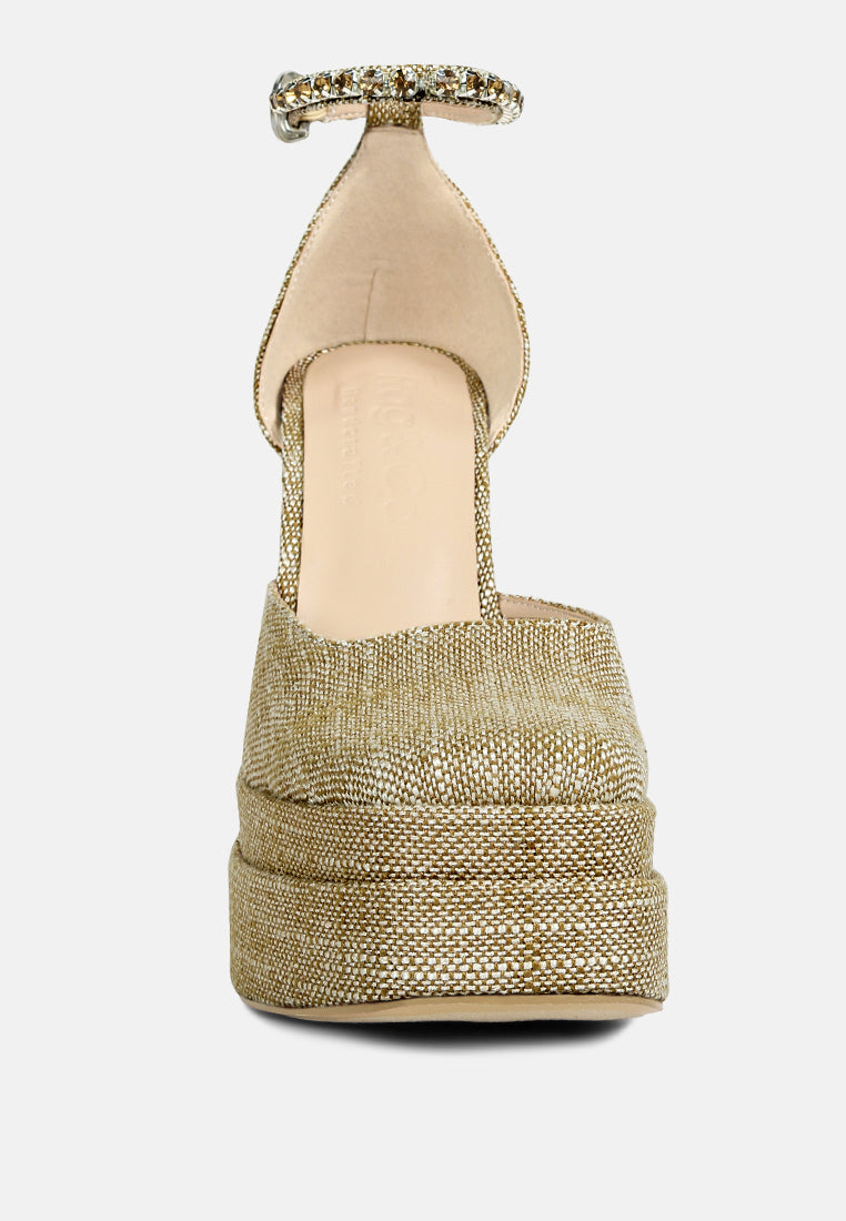 COSETTE Diamante Embellished Ankle Strap High Block Heel Sandals in Beige#color_beige