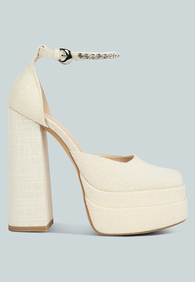COSETTE Diamante Embellished Ankle Strap High Block Heel Sandals in Off White#color_off white