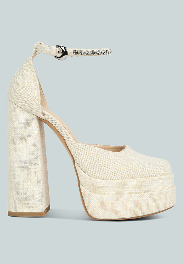 COSETTE Diamante Embellished Ankle Strap High Block Heel Sandals in Off White#color_off-white