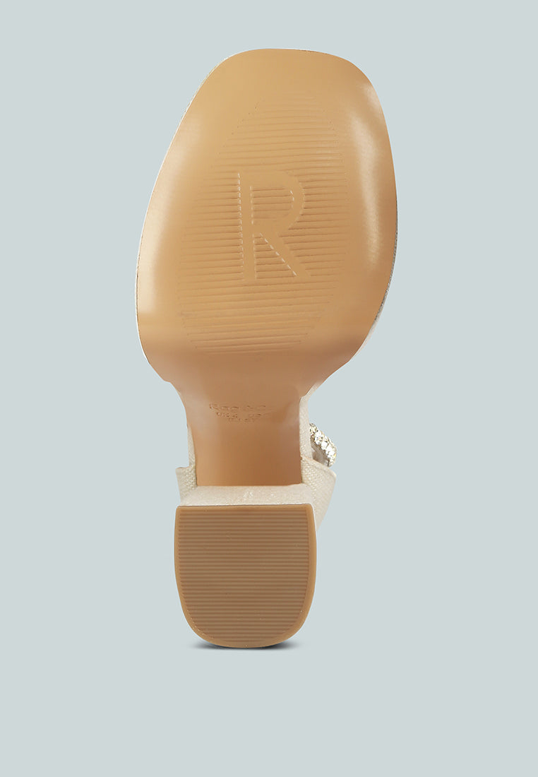 COSETTE Diamante Embellished Ankle Strap High Block Heel Sandals in Off White#color_off white